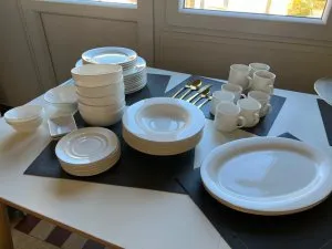 White Porcelain Dinnerware Set with Gold Cutlery, Plates, Bowls, Cups